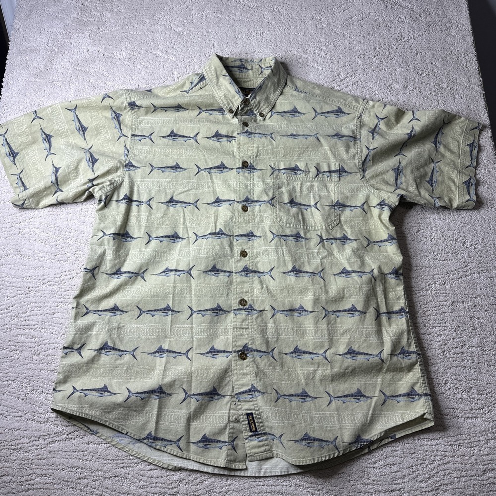 Men's Vintage Woolrich‎ Large Swordfish Khaki Short Sleeve Button Shirt